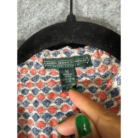 Ralph Lauren Top Women Medium Long Sleeve Circle Blue Button Front Collar Preppy - Picture 2 of 6